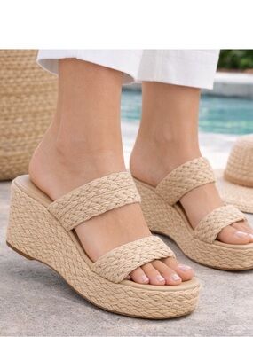 ON 34th Norinarf Raffia Platform Wedge Sandals Womens 9.5M Natural Resort NEW